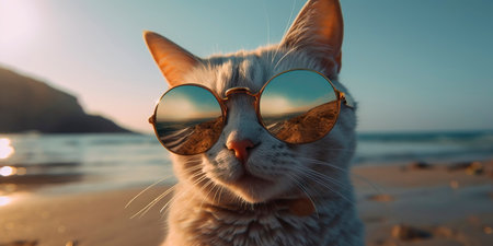 Cat in beautiful glasses smiles, sunglasses on the sand on the background of the oceanの素材