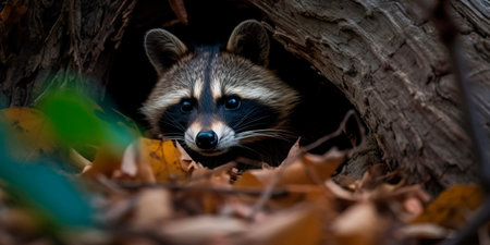 raccoon peeking out of a tree hole, with leaves and branches surrounding itの素材