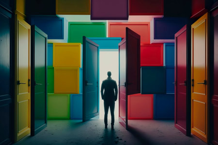 businessman in front of multiple doors of diverse colors as a symbol for different opportunities.の素材