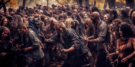 Fantasy scene hroup of zombie walking. halloween conceptの素材