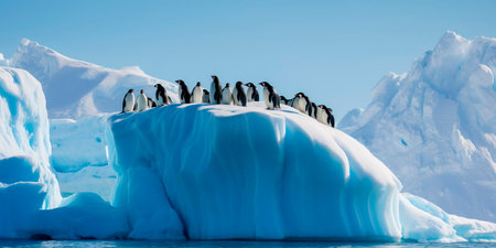 colony of penguins huddled together on an iceberg, with a blue sky and floating icebergs in the background.の素材