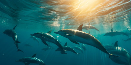 pod of dolphins swimming in the ocean, with sunlight filtering through the water and fish swimming around themの素材