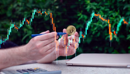 Laptop with chart and bitcoin in hands. Cryptocurrency gold coin, stock exchange graphの写真素材