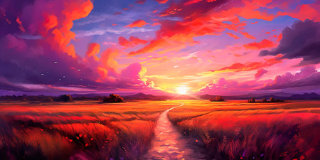 Dramatic sunset over a wide-open field, painting the sky in hues of orange, pink, and purpleの素材