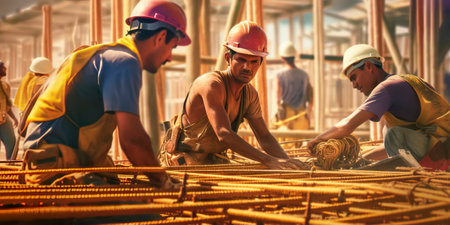 Construction workers on a construction site, diligently building structures and infrastructure, emphasizing the physical labor and teamwork required to bring architectural visions to life.の素材