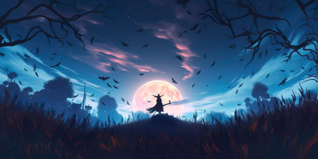 chilling Halloween background with a full moon, silhouettes of bats, and a creepy old witch flying on a broomstick.の素材