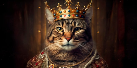 cat wearing a crown or holding a scepter, playfully portraying them as the king or queen of their domain on International Cat Day.の素材