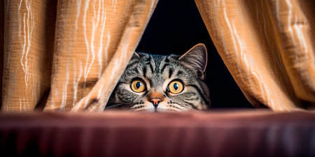 joyful image of a cat engaging in a game of hide-and-seek, peeking out from behind curtains or furniture International Cat Day.の素材
