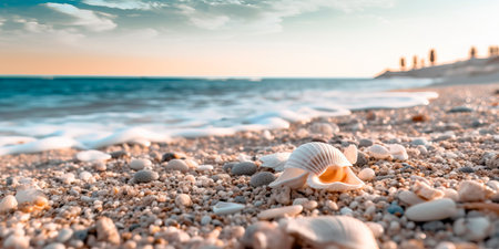 Serene sandy beach with gentle waves lapping the shore and seashells scattered alongの素材