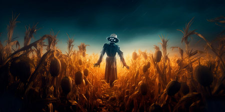 bone-chilling Halloween background with a haunted cornfield, scarecrows, and glowing eyes peering from the darkness.の素材