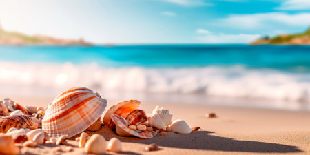 Serene sandy beach with gentle waves lapping the shore and seashells scattered alongの素材