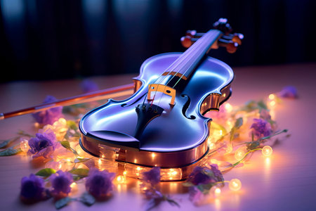 violin with a wreath of violets wrapped around it. with a beautiful background Generative AIの素材