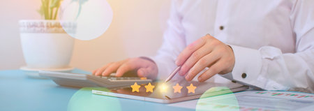 customer review concept. Businessman using laptop with star rating