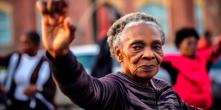 older generation engaging in physical activity, such as yoga or group fitness classes. Generative AIの素材