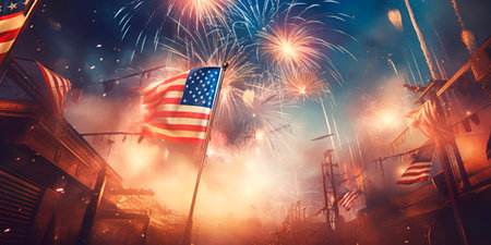 patriotic Labor Day background adorned with American flags, fireworks, and symbolic imagery, representing the pride and honor associated with the holiday.の素材