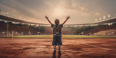 football field where a boy scores a goal, rejoicing in his success. Generative AIの素材