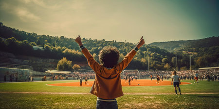 football field where a boy scores a goal, rejoicing in his success. Generative AIの素材