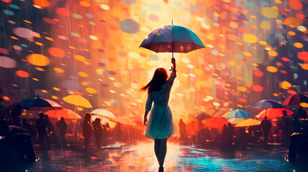 young woman dancing in the rain with large colorful umbrellas. Generative AIの素材