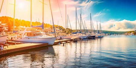 waterfront Labor Day background featuring boats, yachts, and sailboats, symbolizing leisure, relaxation, and the enjoyment of maritime activities.の素材