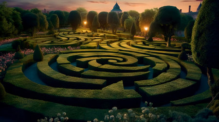 labyrinthine garden with winding paths and tall hedges. Generative AIの素材