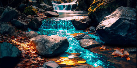 fairy-tale stream flowing through the forest, in which crystal water glows in multi-colored shades. Generative AIの素材