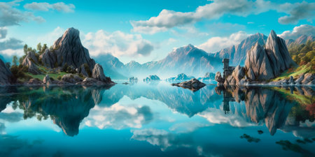 Peaceful lake surrounded by mountains, their reflection mirrored on the glassy surfaceの素材
