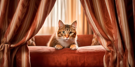 joyful image of a cat engaging in a game of hide-and-seek, peeking out from behind curtains or furniture International Cat Day.の素材