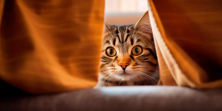 joyful image of a cat engaging in a game of hide-and-seek, peeking out from behind curtains or furniture International Cat Day.の素材