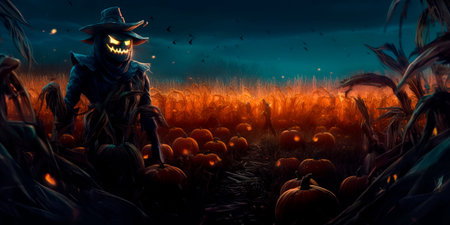 bone-chilling Halloween background with a haunted cornfield, scarecrows, and glowing eyes peering from the darkness.の素材