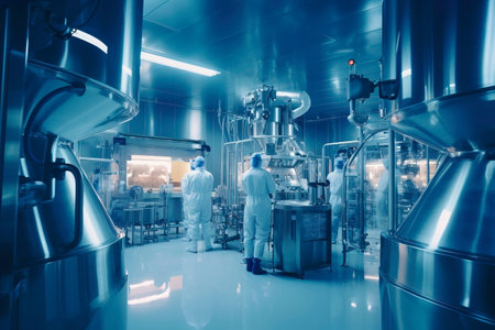 pharmaceutical factory where workers perform various processes of kneading and mixing ingredients to create dosage forms. Generative AIの素材