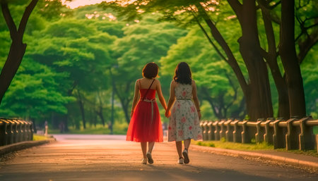 two friends walking together in the park, sharing moments of happiness.Generative AIの素材