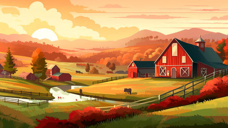 peaceful countryside Labor Day background featuring farms, barns, and rolling hills, illustrating the importance of agriculture and rural communities in our society.の素材