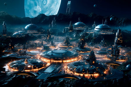 interplanetary settlement where people live and work in a fictional space city. Generative AIの素材