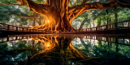 tree with mirrored branches that reflect the fabulous creatures that live in the forest. Generative AIの素材