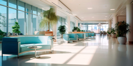 Detailed interior shots of a modern hospital lobby, showcasing the sleek design, comfortable seating areas, and welcoming atmosphere.の素材