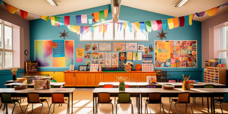classroom decorated with colorful banners and postersの素材