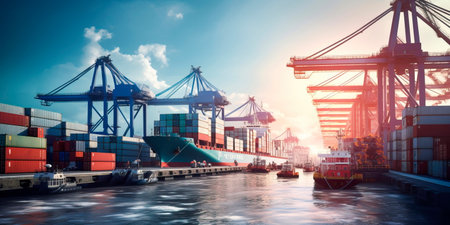 busy seaport with cargo ships being loaded and unloaded, cranes lifting containers, and logistics operations supporting global trade.の素材