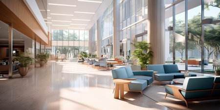 Detailed interior shots of a modern hospital lobby, showcasing the sleek design, comfortable seating areas, and welcoming atmosphere.の素材