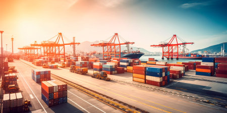 busy seaport with cargo ships being loaded and unloaded, cranes lifting containers, and logistics operations supporting global trade.の素材