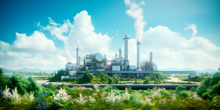 biomass power plant utilizing organic waste to produce energy, surrounded by lush greenery.の素材