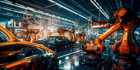 high-tech automotive assembly line with precision robots and skilled technicians meticulously crafting cars with cutting-edge technology.の素材