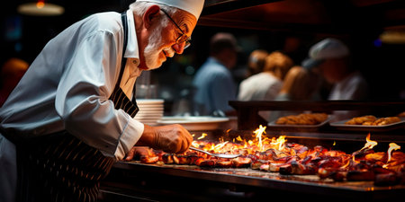chef preparing traditional Bavarian dishes, such as sausages and sauerkraut, at a food stall.の素材