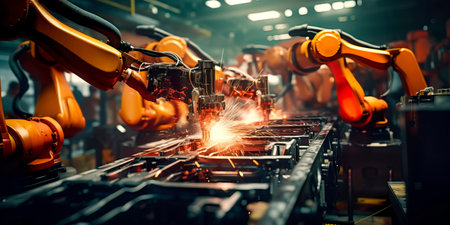 Industrial robots assembling and welding components on a production line.の素材
