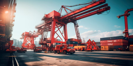 Industrial cranes lifting and moving heavy materials in a dockyard.の素材