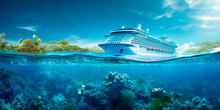cruise ship sailing on crystal clear seas as a symbol of an unforgettable sea voyage.の素材