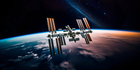 International Space Station orbiting Earth, with the stars as a stunning backdropの素材