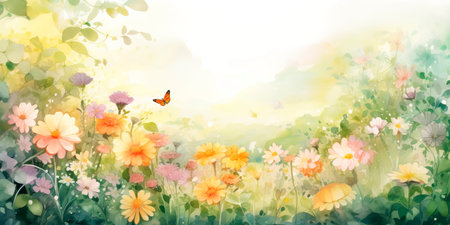 watercolor background inspired by nature, with lush green foliage and delicate flowers, capturing the essence of a peaceful garden. Generative AIの素材