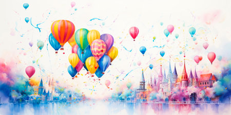 playful watercolor background with bright and bold colors, perfect for a festive carnival scene with balloons, rides, and joyful laughter. Generative AIの素材