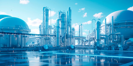 hydrogen production plant powered by renewable energy sources, with water splitting into hydrogen and oxygen. Generative AIの素材