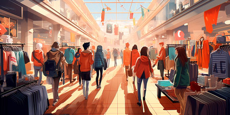 Black Friday shopping scene with shoppers trying on clothes and comparing discounts in a clothing store. Generative AIの素材